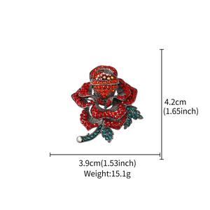 Red enamel rose brooch with rhinestones showing dimensions 4.2cm x 3.9cm and 15.1g weight