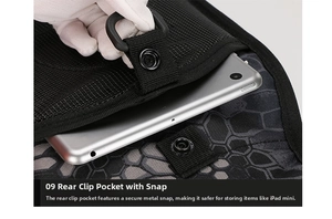Macro view of the secure rear snap-button pocket featuring a durable metal buckle for iPad
