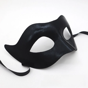 Detailed view of black cat ear half-face mask with matte texture and silk ribbon ties