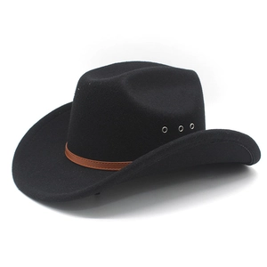 Detail view of black western cowboy felt hat featuring brown leather band and metal eyelets