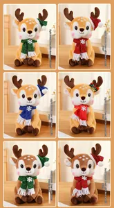 Detail view of various plush Christmas deer toys with sequin scarves and soft hats