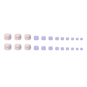 Matte romantic purple butterfly press-on toe nails set featuring 24 pieces in various sizes