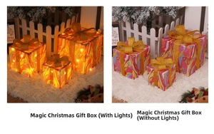 Three-piece glowing Christmas gift boxes showing light contrast in a festive setting