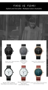 Six minimalist TOMI quartz watches featuring leather straps in various color combinations