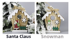 Detail of wooden Santa and Snowman ornaments with laser-cut snow and rustic twine bows