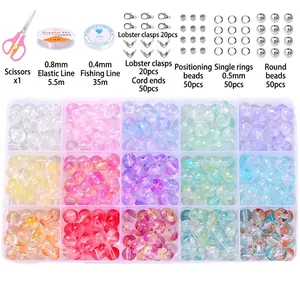 8mm glass bead jewelry kit with organizer box, elastic cords, scissors and findings