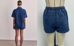 Rear view of washed blue denim shirt and shorts set showing fit and fabric texture