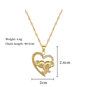 Golden heart necklace with elephant pendant showing size dimensions and 45cm chain length