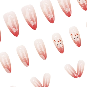 Pink gradient press-on nails with cute hand-painted bunny and white heart patterns