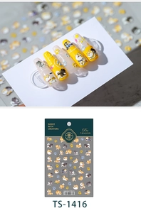 Detailed view of cute 3D Shiba Inu cartoon nail art stickers with decorative patterns