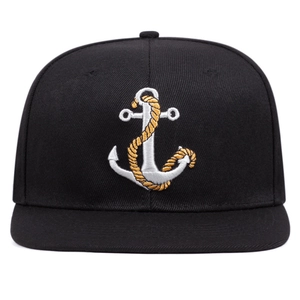 Classic black snapback baseball cap with silver anchor and gold rope embroidery