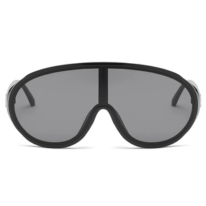 Y2K futuristic oversized one-piece wrap sunglasses in black frame with dark grey lenses