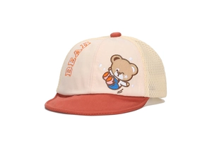 Detail of baby baseball cap with bear embroidery and breathable mesh side panels