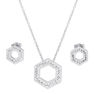 Hexagon Honeycomb Necklace And Earrings Jewelry Stainless Steel Rhinestone Hollow Geometric Elegant For Women