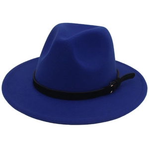Detail of royal blue fedora hat with a black leather band and metal buckle accent