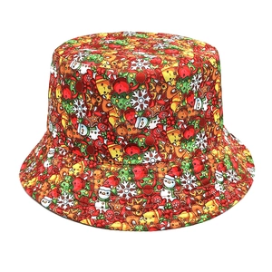 Festive Christmas bucket hat featuring colorful Santa, reindeer, and snowman patterns