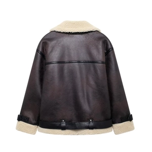Back view of a dark brown vintage faux leather aviator jacket with white shearling trim