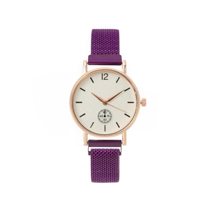 Women's quartz watch with purple mesh steel band and rose gold case on white background