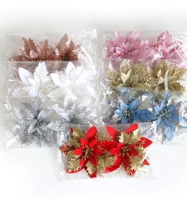 Flores navideñas artificiales con purpurina en set de 2 piezas para decorar árboles y coronas