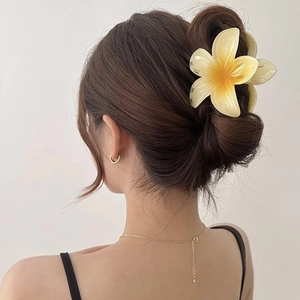 Tropical yellow frangipani flower hair claw clip for women back hairstyle accessory