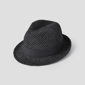 Detail of premium black woven straw fedora hat with elegant satin decorative ribbon band