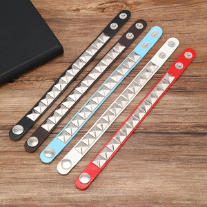 Silver square rivet leather bracelets in five colors with snap button closure for men