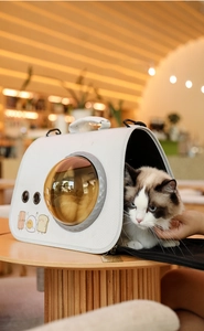Detail view of white pet carrier with space capsule window and cartoon food patterns