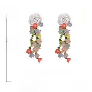 Detail shot of multi-color floral acrylic earrings with 925 silver pins and dimensions