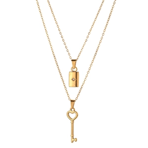 Collier double épaisseur en acier inoxydable doré avec pendentifs étoile et clé en cœur