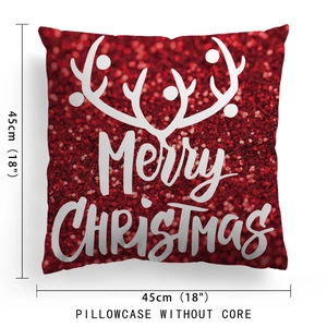 Detail of red sequin Christmas pillowcase with Merry Christmas text and size guide
