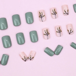 Matcha green and pink floral short square press on nails with glossy leaf patterns