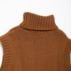 Retro caramel high-neck sleeveless knit vest sweater with chunky textured knit patterns