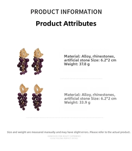 Vue détaillée des boucles d'oreilles raisins violets avec feuilles en strass et tailles