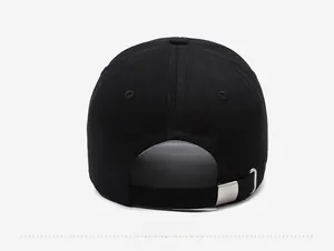 Back view of black cotton baseball cap showing silver metal buckle and 6-panel design