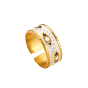 Detail of white enamel evil eye ring with gold accents and adjustable open band