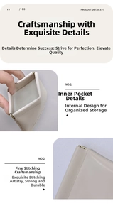 Detail of the internal pocket and fine stitching on a beige leather portable pouch