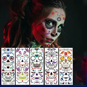 Halloween Cartoon Sugar Skull Face Temporary Tattoo Stickers Waterproof Day Of The Dead Party Face Decals For Kids Adults