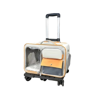 Chariot de transport pour animaux beige avec fenêtre transparente et roues multidirectionnelles