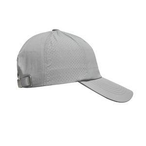 Detail of light grey waterproof baseball cap with side laser-cut ventilation holes