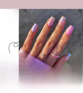 Detail view of heart pattern and blue French tip press-on nails for women #JP2584