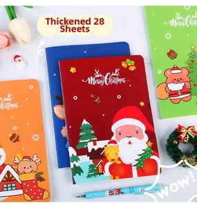 Detailed view of colorful Christmas notebooks with 28 sheets and festive cartoon covers