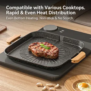 Square non-stick grill pan with wood handles on induction cooker frying steak