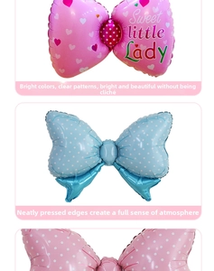 Detail of pink heart and polka dot bow aluminum balloons with Sweet Little Lady print