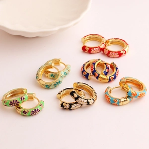 Floral Enamel Hoop Earrings Vintage Gold Plated Brass Ethnic Style Flower Pattern Jewelry Huggie Earrings For Women