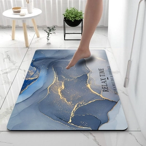 Blue marble diatomite bath mat with RELAX TIME text and anti-slip quick-dry surface