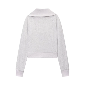 Back view of a cropped light gray fleece jacket with a classic collar and ribbed cuffs