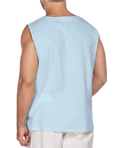 Rear view of men's sleeveless cotton linen shirt in light blue showing fabric texture