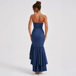 Detail of navy blue off-shoulder mermaid dress with ruffled fishtail hem and slim fit