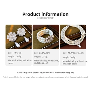 Size chart showing rhinestone flower clover jewelry set with necklace and pearls