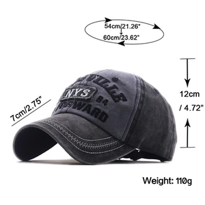 Tableau des tailles détaillé pour casquette en coton délavé avec broderie NYS 84